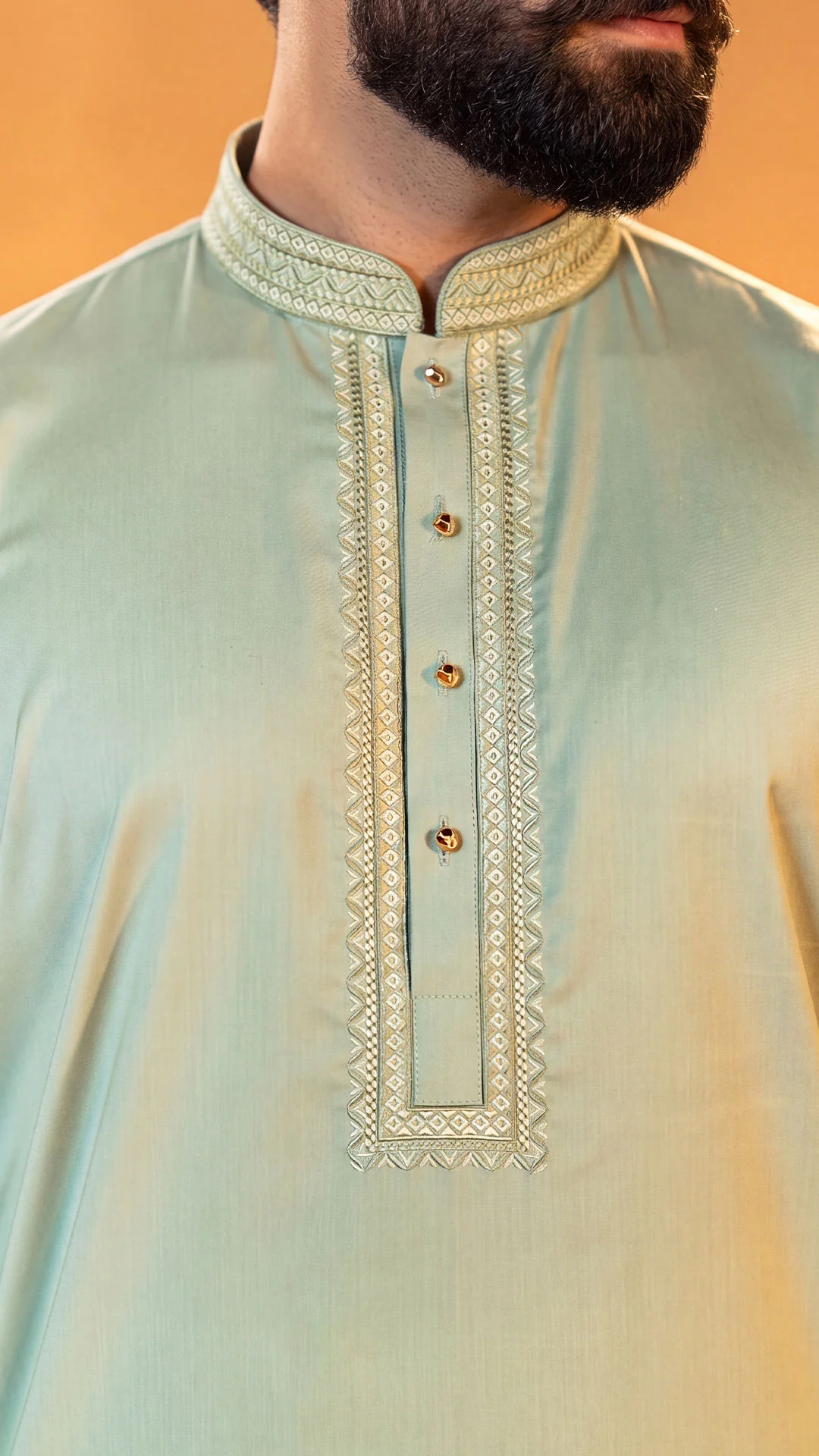 Desert Breeze Light Green Band Collar Panjabi For Men - Image 2
