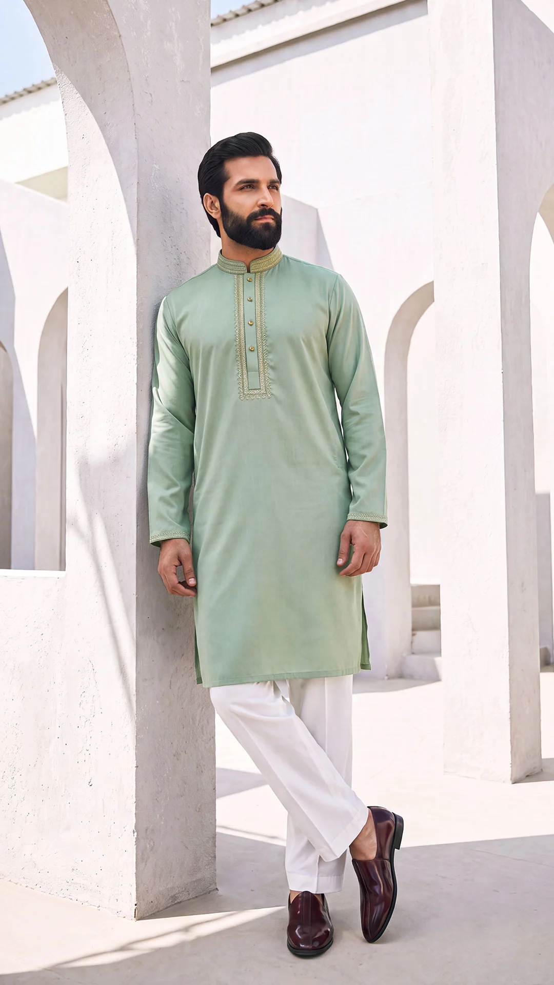 Desert Breeze Light Green Band Collar Panjabi For Men